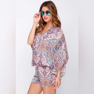 Lulus Kimono-it-All Blue and Coral Print Romper